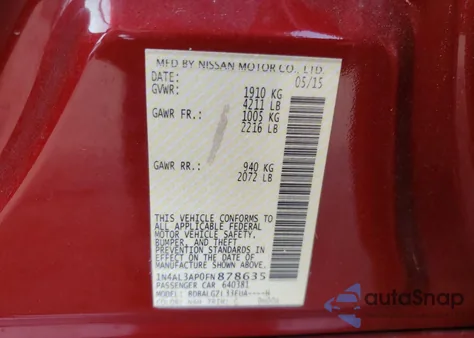 2015 Nissan Altima 2.5 z USA, uszkodzony, nr VIN 1N4AL3AP0FN878635